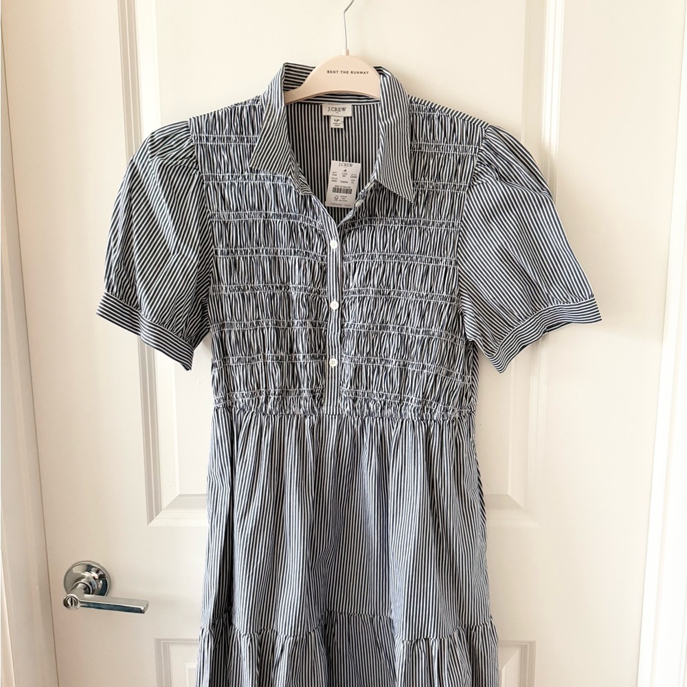 J. Crew Light Blue Pinstripe Smocked Short Sleeve Mini Dress - Picture 3 of 5
